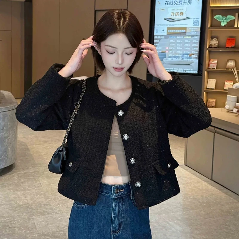 

French Vintage Cropped Coats Women Spring Fall Elegant Office Lady Button Jacket Long Sleeve O Neck Small Fragrance Slim Outwear