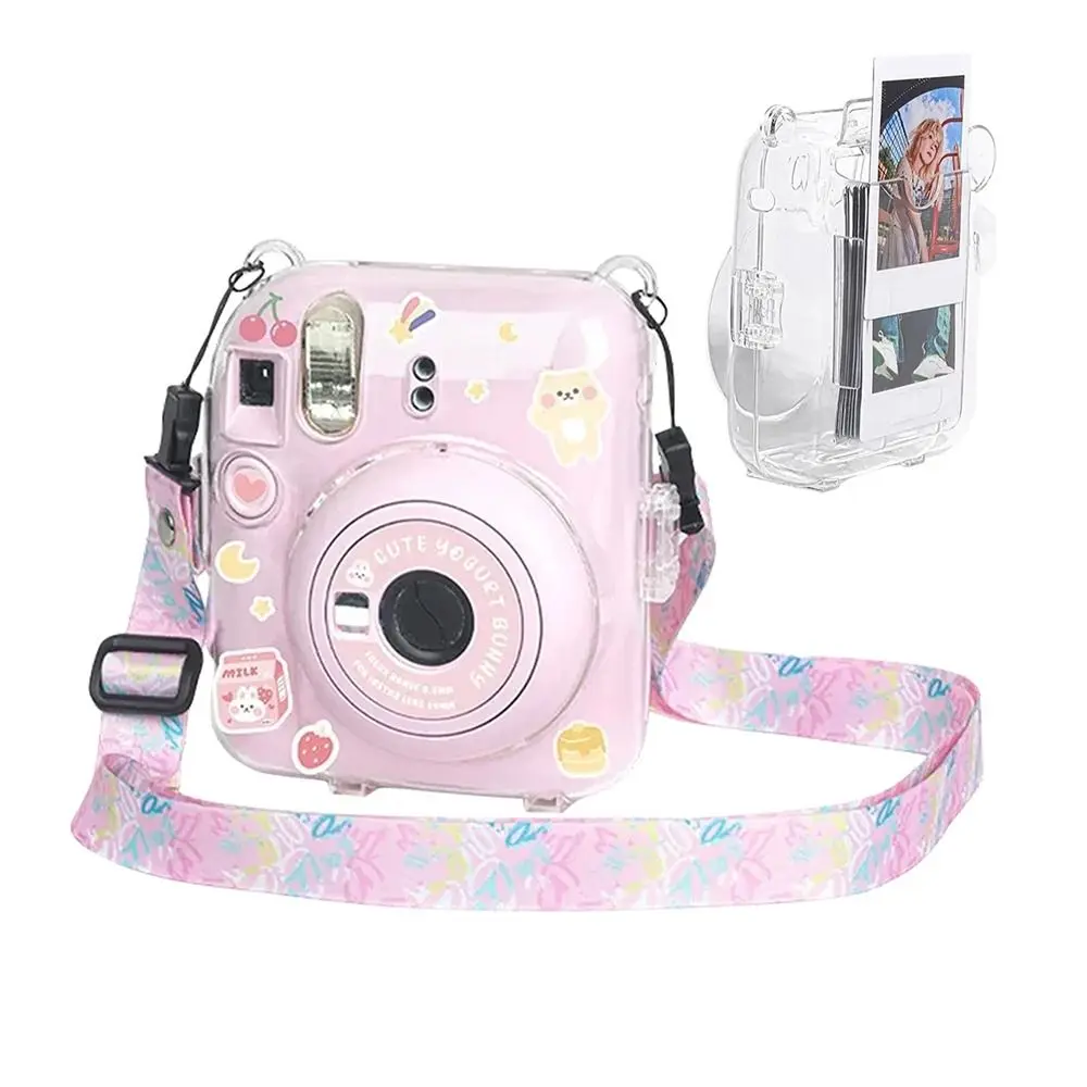 For Fujifilm Instax Mini 12 Transparent Camera Case Protective Carry Bag Cover with Shoulder Strap Storage Bag with Cute Sticker