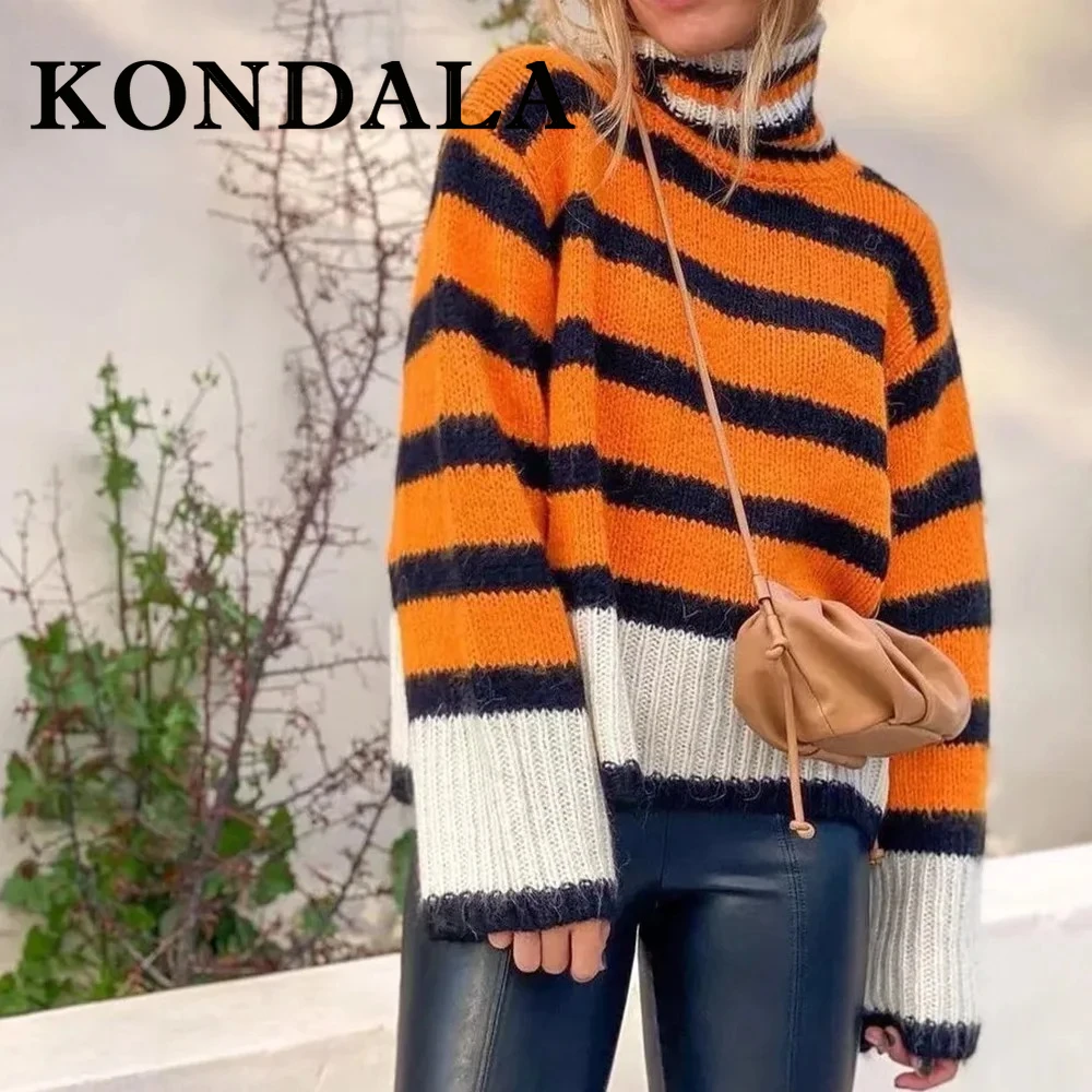 

KONDALA мода 2024, осенний полосатый оранжевый пуловер с воротником, уличная одежда большого размера, женский свитер, зимний повседневный трикотаж