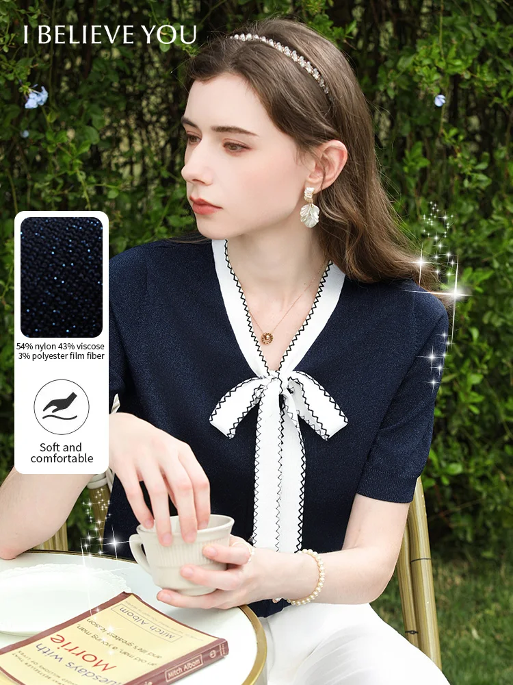 

Топ вязаный темно-синий I BELIEVE YOU, летний, 2026, с блестками, V-образным вырезом, коротким рукавом, на жемчужных пуговицах, с бантом, 2261146251
