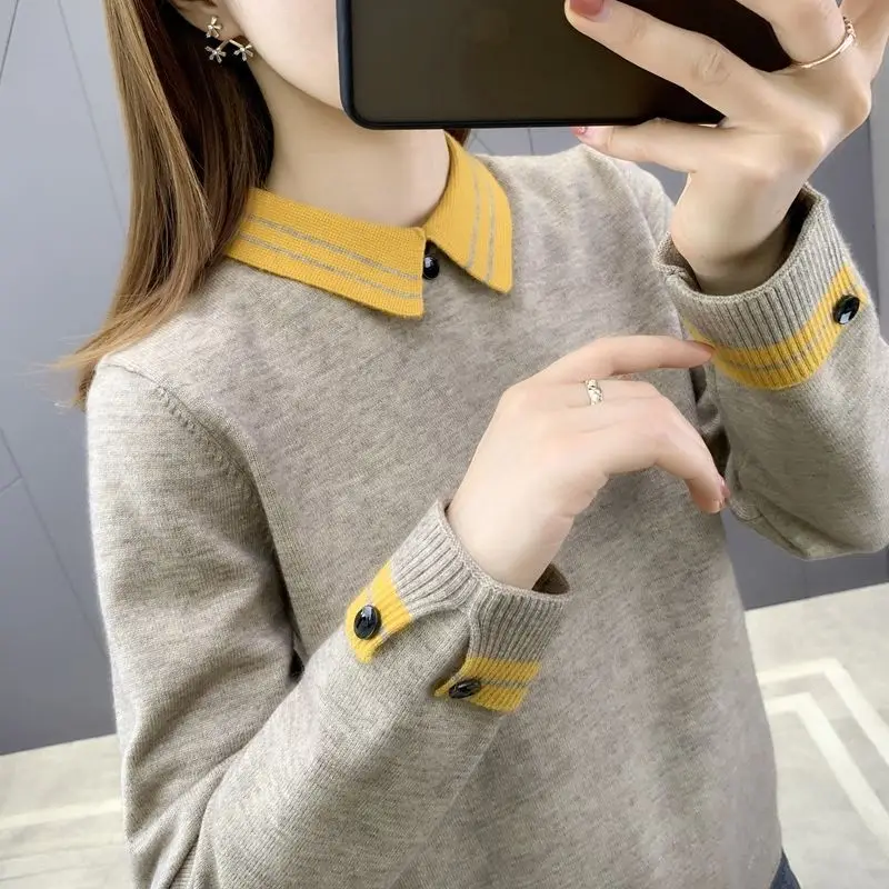 2023 Autumn Winter Contrast Color Doll Collar Long Sleeve Sweater Women Casual Loose Button Pullovers Patchwork All-match Tops