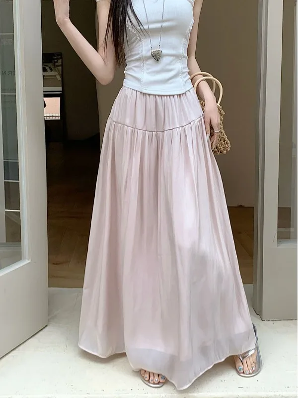 

Юбка А-силуэта в корейском стиле из блестящего шелка с вставками, с завышенной талией, стройнящая, струящаяся, средней длины, модная городская юбка для женщин