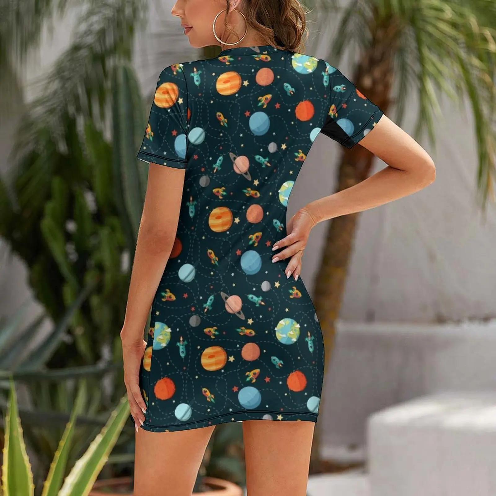 Space Adventure Short Sleeved Dress Women's long dress prom dress summer clothes for women