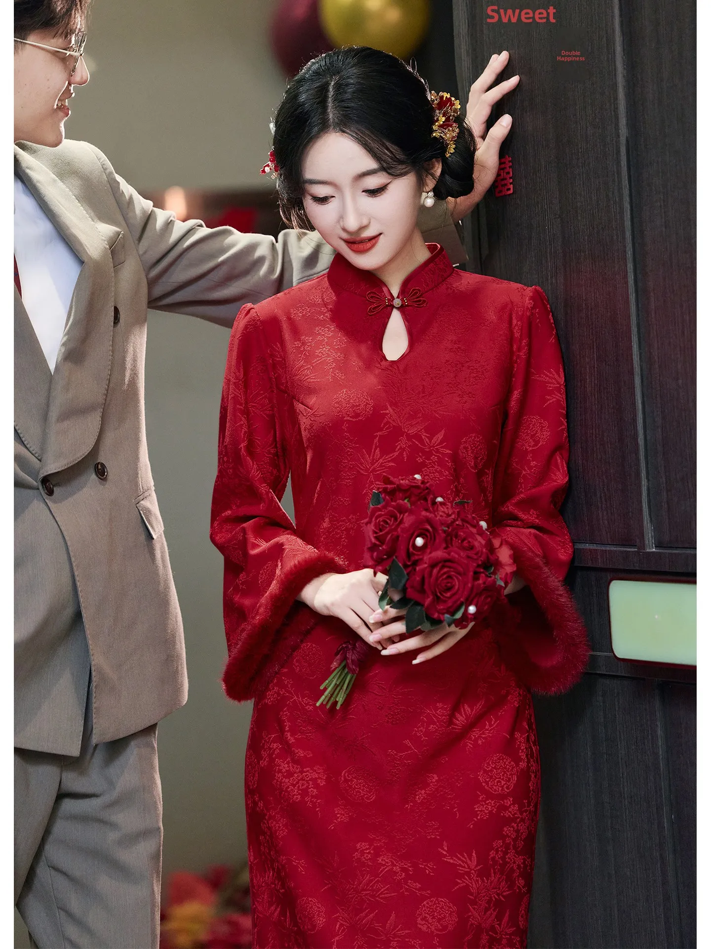 

Red Fce Lined Wedding Dr for Bride Autumn Winter Marriage Ceremony Long Sve Full Length Pure Color Gown