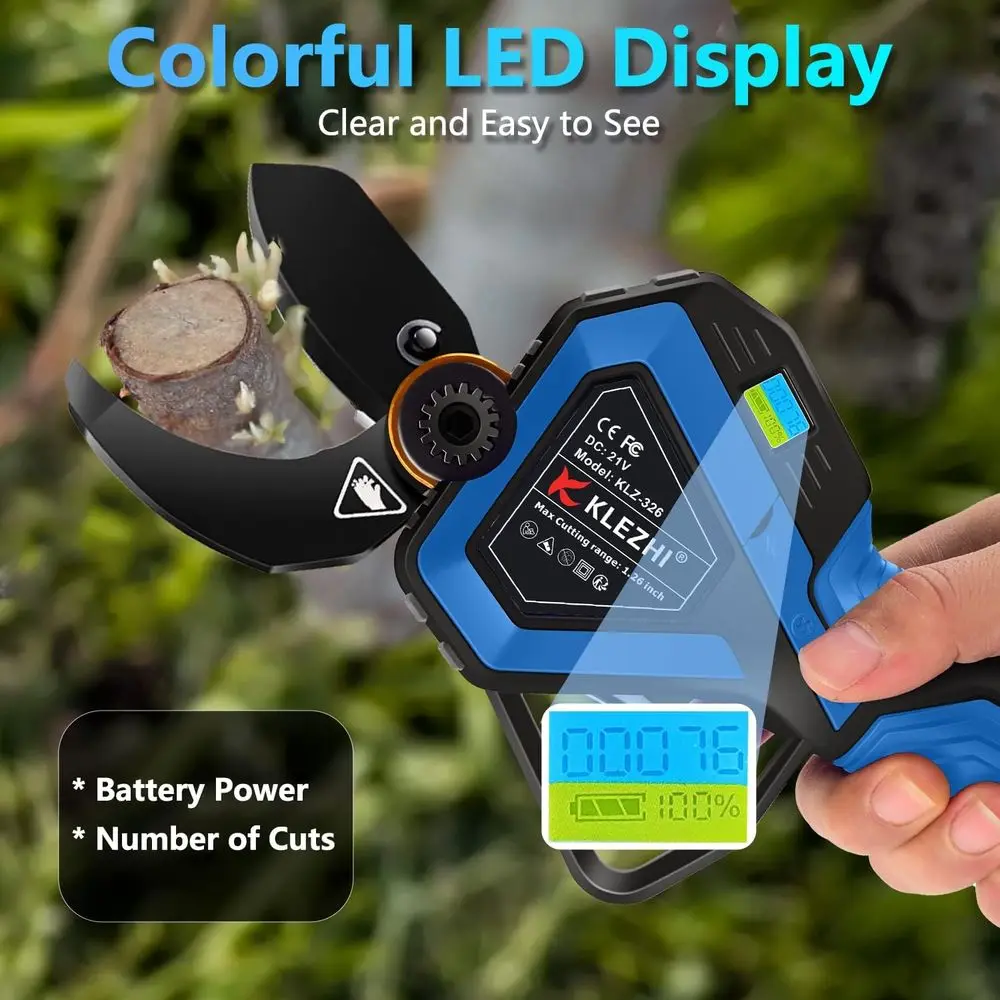 Tesouras de poda elétricas sem fio com display LED colorido, capacidade de corte de 32 mm / 1,26 polegadas, bateria recarregável de lítio 2 x 2 Ah