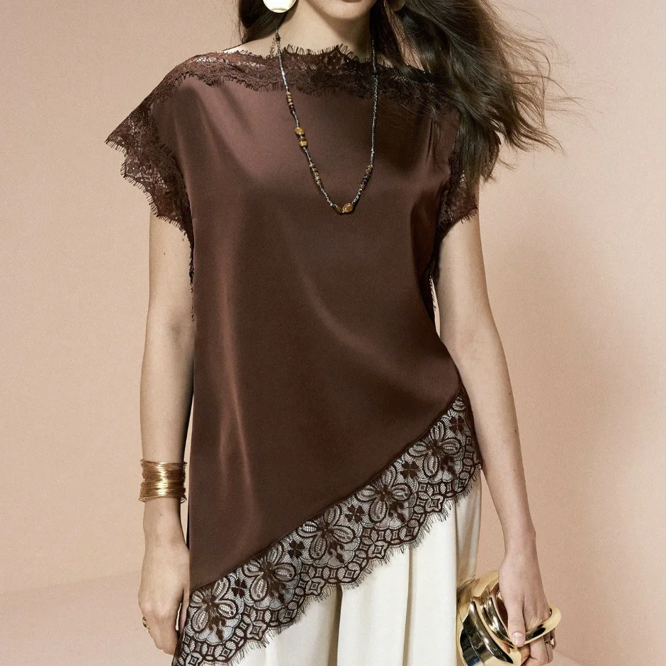 Summer Lace Patchwork Short-sleeve T-shirt, Women's Loose-fitting Top Birthday Dress Maxi Lace Robe Elegant