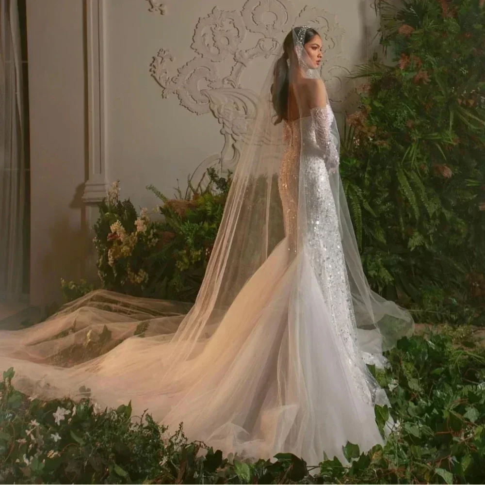 Romantic Elegant Sparkling Mermaid Wedding Dress Long Sleeve Off Shoulder Lace Bead Decoration Bridal Dress Customized
