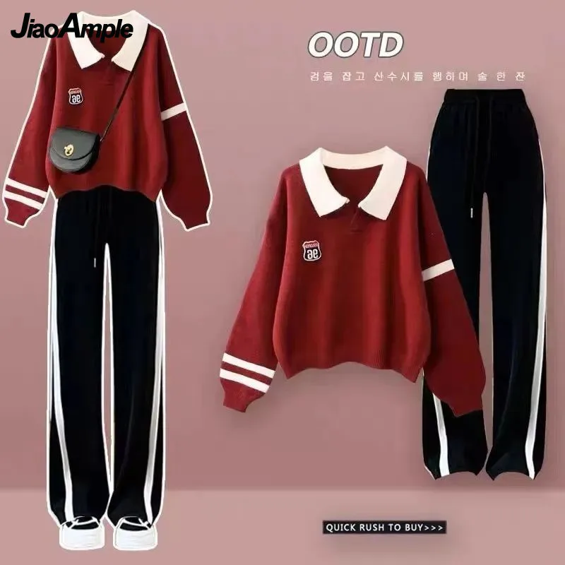 2024 Spring New Polo Shirt Sweater + Casual Sports Wide-leg Pants Two-piece Woman Tracksuit Set Korean Elegant Loose Sportswear