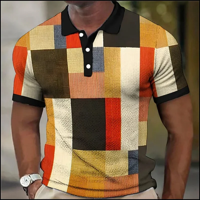 Vintage Graphic Polo Shirt For Men Splicing Colorful Grid 3D Printed Shirts Summer Oversize Short Sleeve Tees Lapel Top T-Shirts