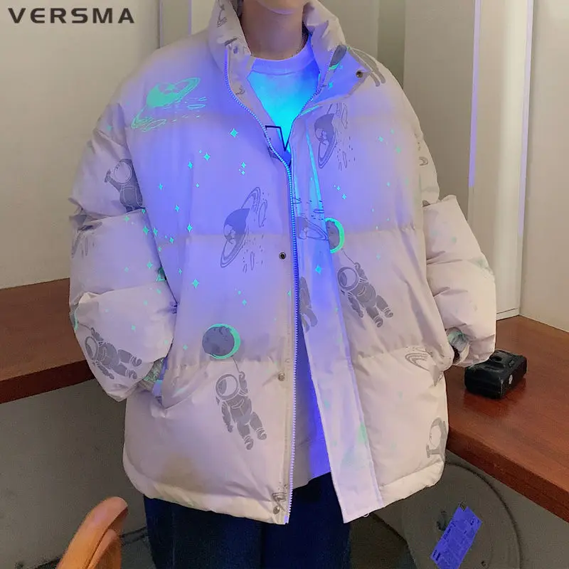 VERSMA Japanese BF Cotton Padding Luminous Reflective Winter Coat For Men Stand Collar Baseball Jacket Women Parkas Dropshipping