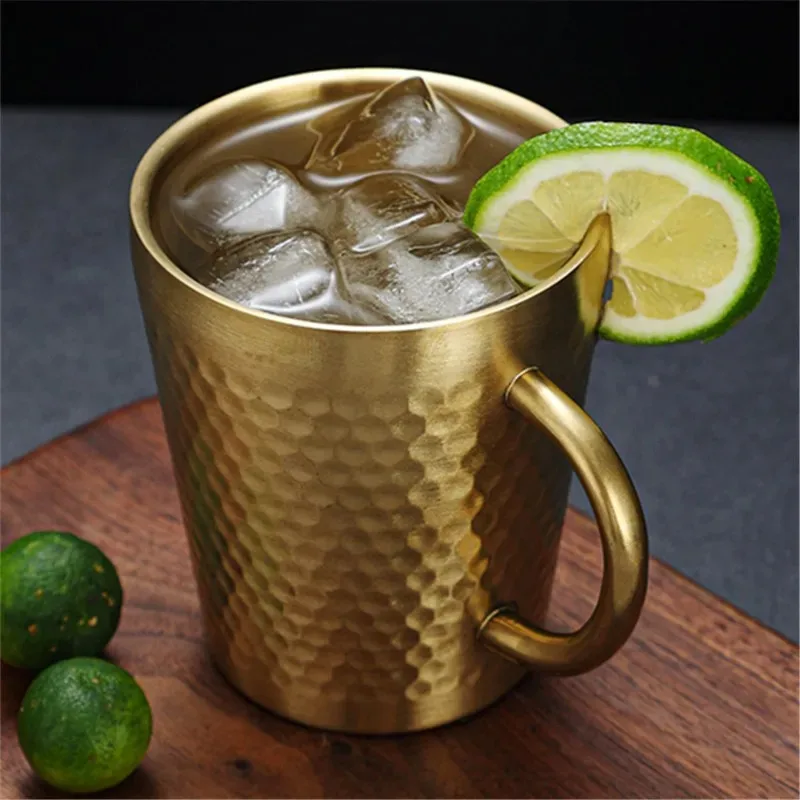 

300ml Double-Layer Water Cup 304 Stainless Steel Thermal Coffee Beer Mug with Handle Gold Sliver Heat Insulation Coffee Cup