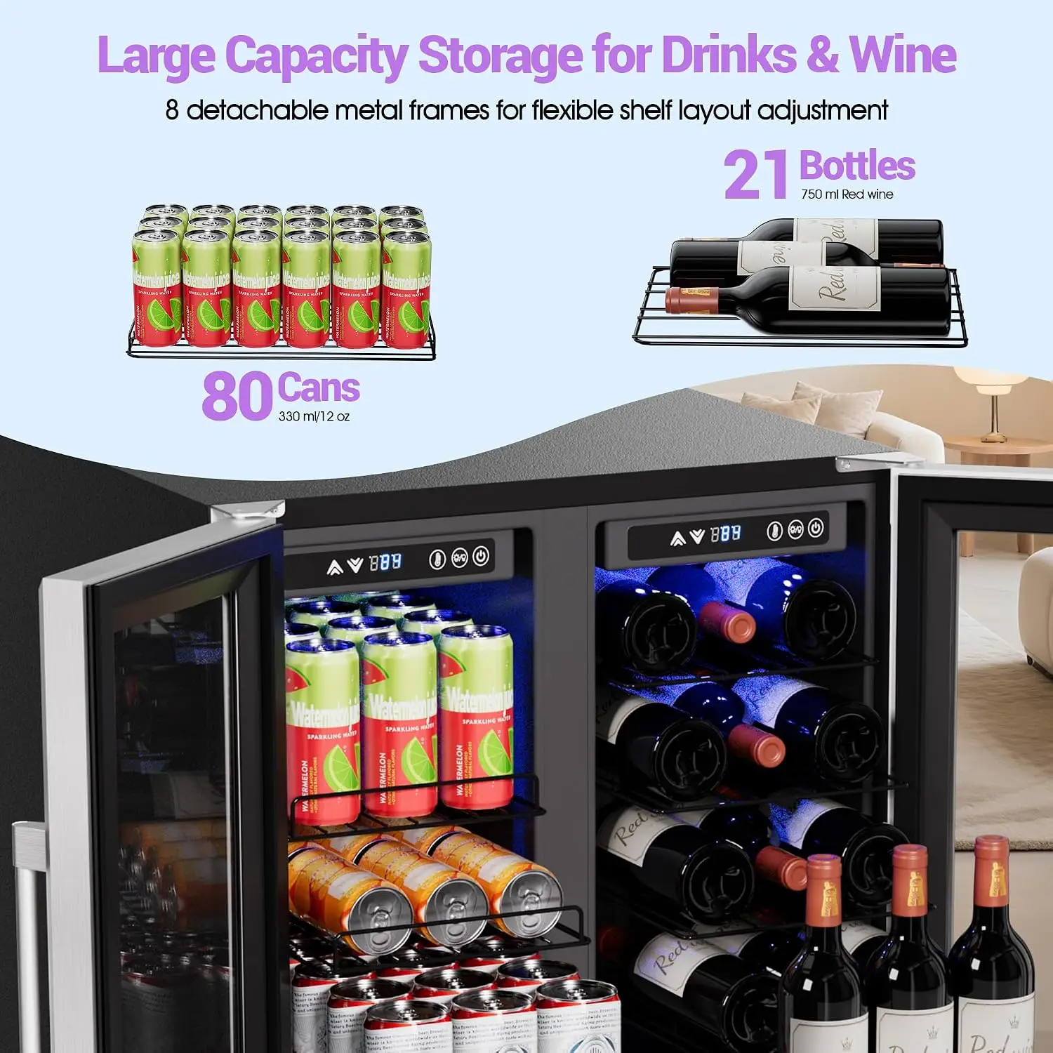 24 Inch Dual Zone Beverage Refrigerator, Beverage Cooler With Glass Door | 5.2 Cu.Ft Beverage Fridge Holds 21 Wine, Customized