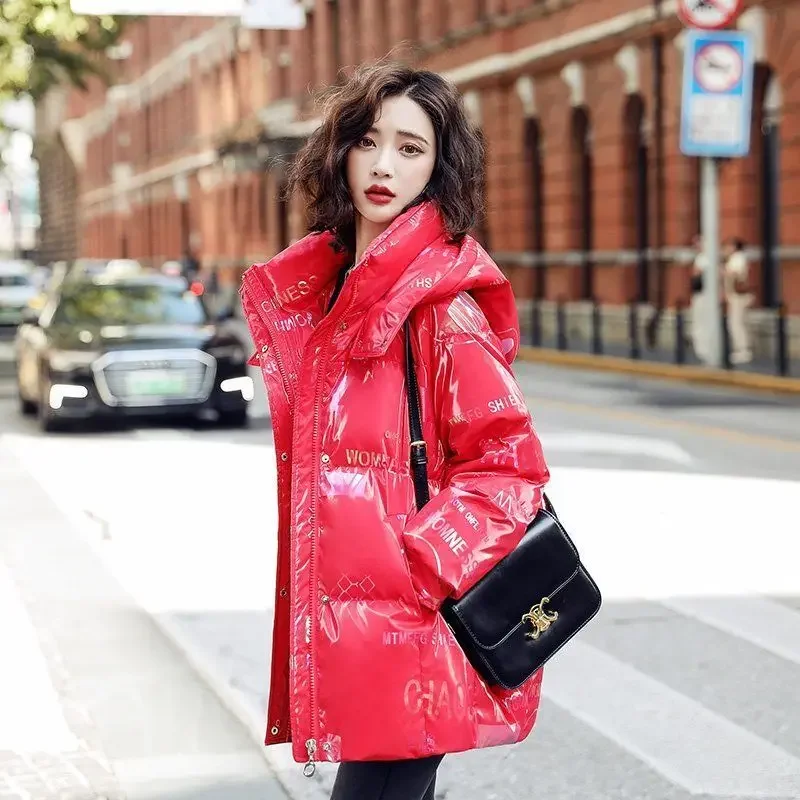 Disposable Shiny Down Padded Jacket Women\'s Mid-length 2022 New Winter Loose Printing Fashionable Women\'s Style To Overcome