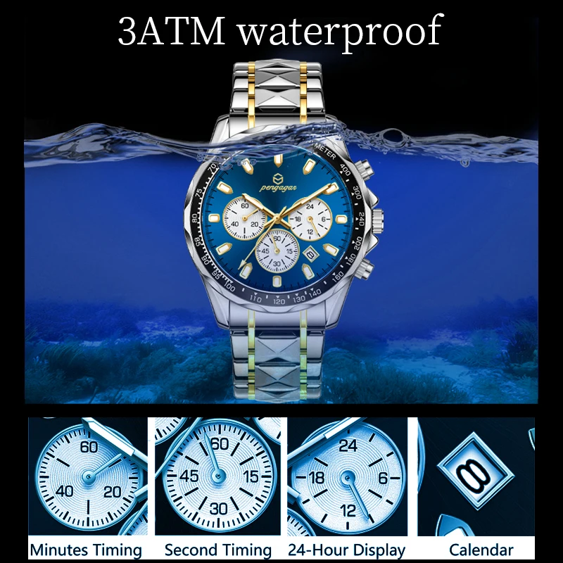 PENGAGAR Man Watch Quartz Waterproof Luminous Date Chronograph Fashion Blue Men Wristwatch Military Sports Men\'s Watches Reloj