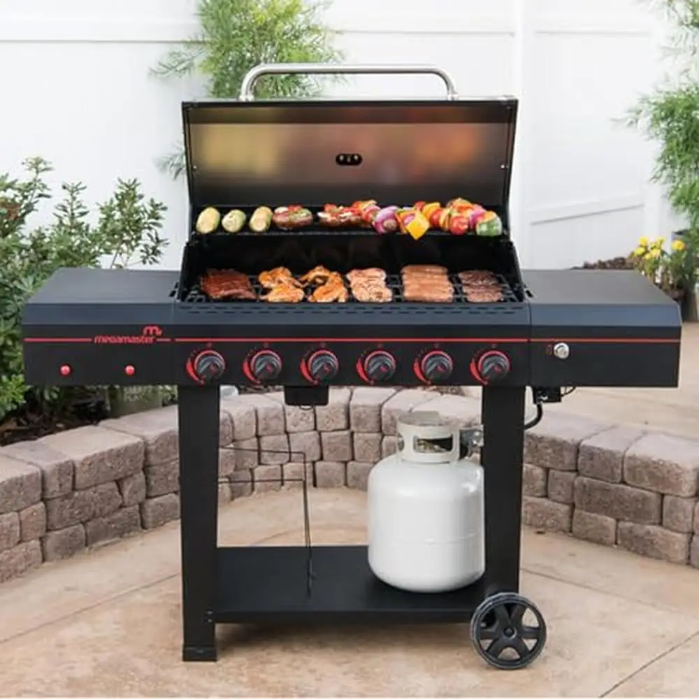 6-Burner BBQ Gas Grill Side Shelves Hooks Camping Cooking Patio Garden Open Cart 54,000 BTUs 753 sq in Cooking Space Cast Iron