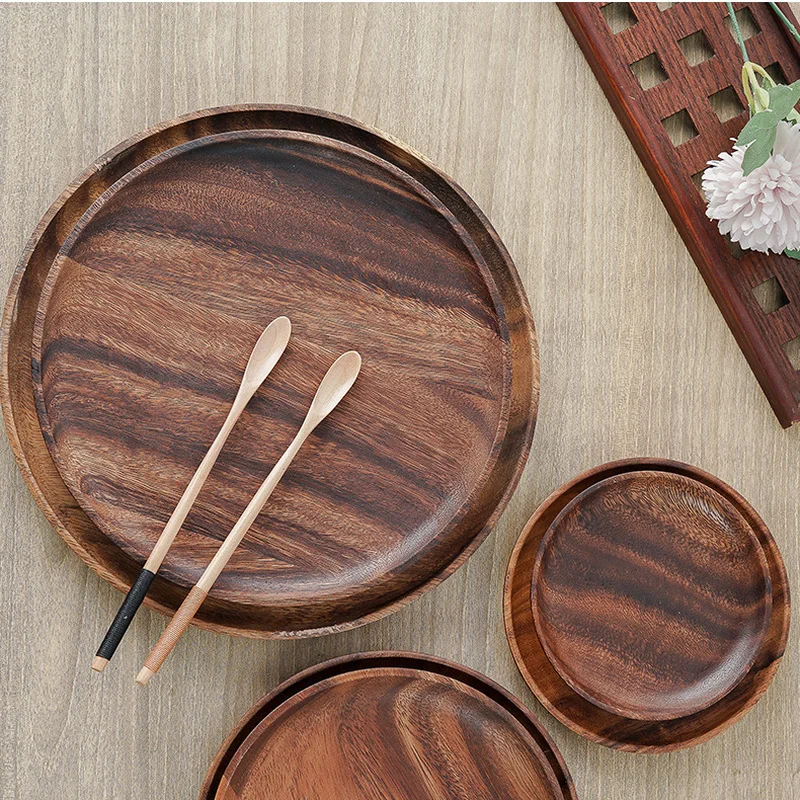 

Wooden Tray Japanese Solid Wood Pallet Round Storage Tray Snack Dried Fruit Plate Eco-friendly Tableware Western Salad Plate