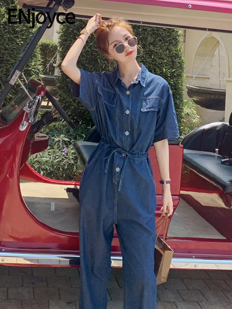 

ENjoyce Summer Women Denim Blue Jumpsuits Ladies Korean Style Short Sleeve Jeans Loose Overalls Romper Playsuit Jump Suit