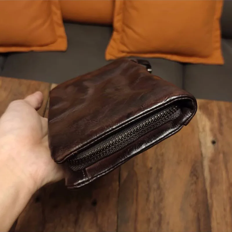 AETOO Handmade leather long purse vintage do old hand wrap top layer cattle pickup wrap plant tanned leather men\'s zipper phone