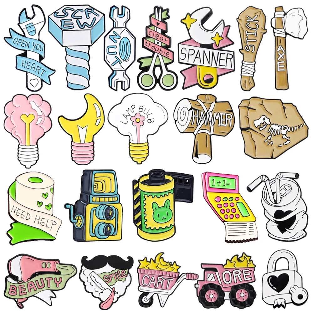 Creative Daily Tools Enamel Pins Cartoon Razor Hairdryer Brush Chainsaw Light Bulb Mallet Core Lock Lapel Badges Jewelry Gifts