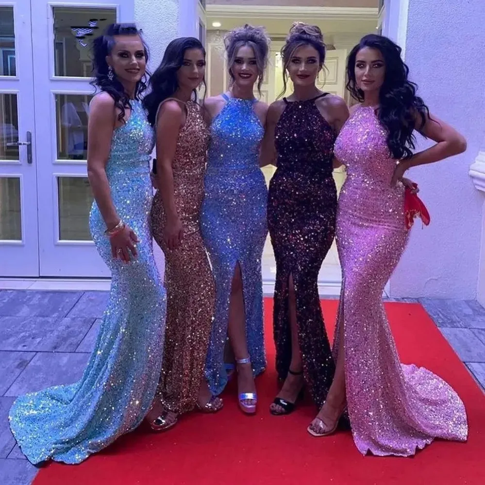 Sexy Glitter Mermaid Evening Prom Dresses 2023 Halter Neck Sequine School Formal Gowns Sweet Girls Robe De Soiree Vestidos Feast