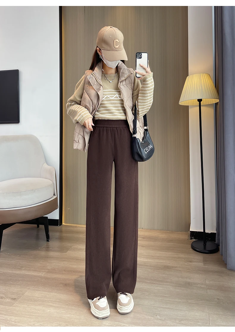 

Women's Corduroy High Waist Wide Leg Full Length Pants Lady Autumn Winter Solid Color Elastic Waist Loose Straight Long Pants