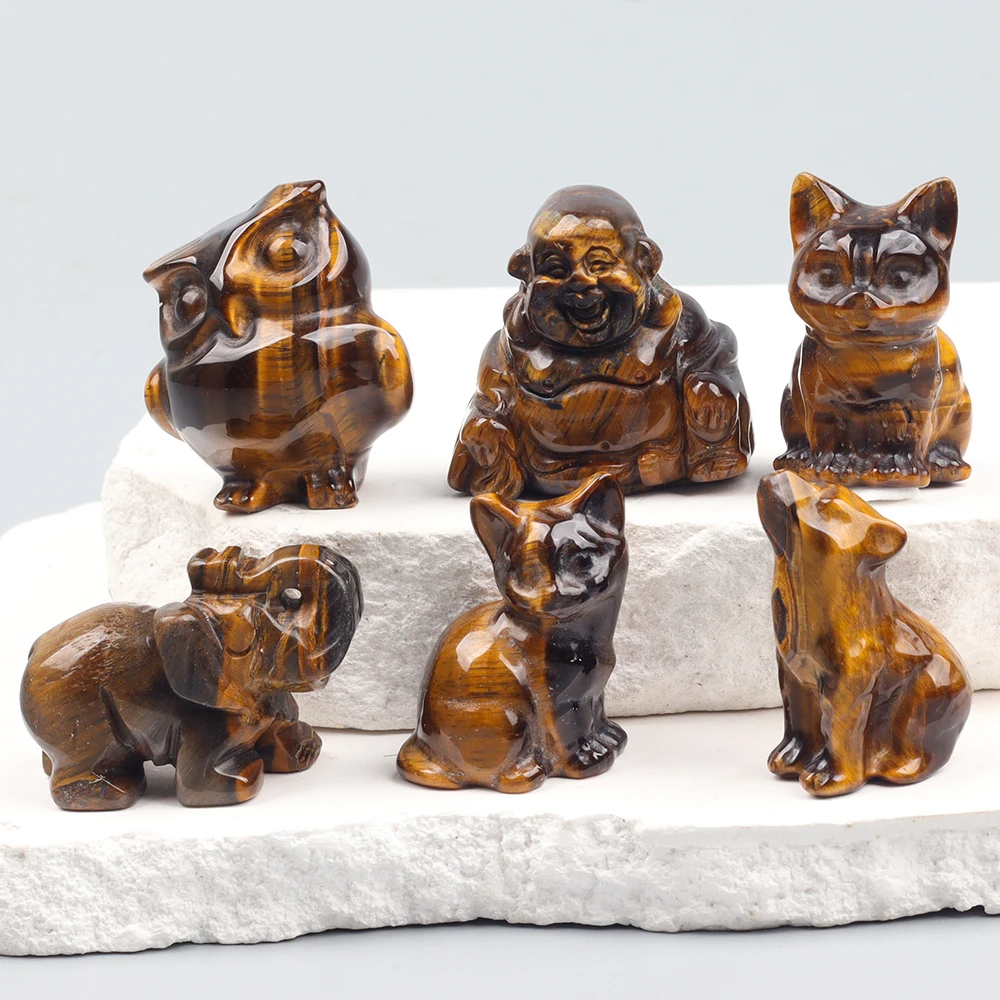 10 Pcs /Set Tiger Eye Carving Sets Various Animal Figurines Cat Wolf Elephant Energy Stones Chakra Fengshui Home Decor