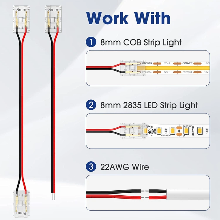 COB-Streifen auf Draht-LED-Anschlüsse, 5 8 10 mm Anschluss, lötfrei, für CCT, FCOB, RGB-LED-Streifen, Lichter 2, 3, 4-poliger Anschluss mit Draht – Detail 11