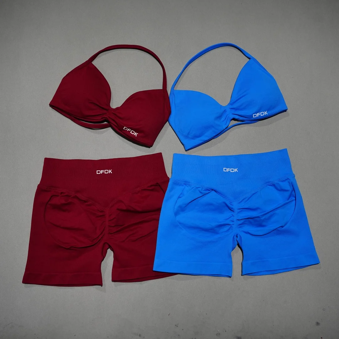DFDK Women 2PCS Fitness Sports Set Lace Up Yoga Bra High Waist Short Leggings Seamless Cycling Running Workout Activewear