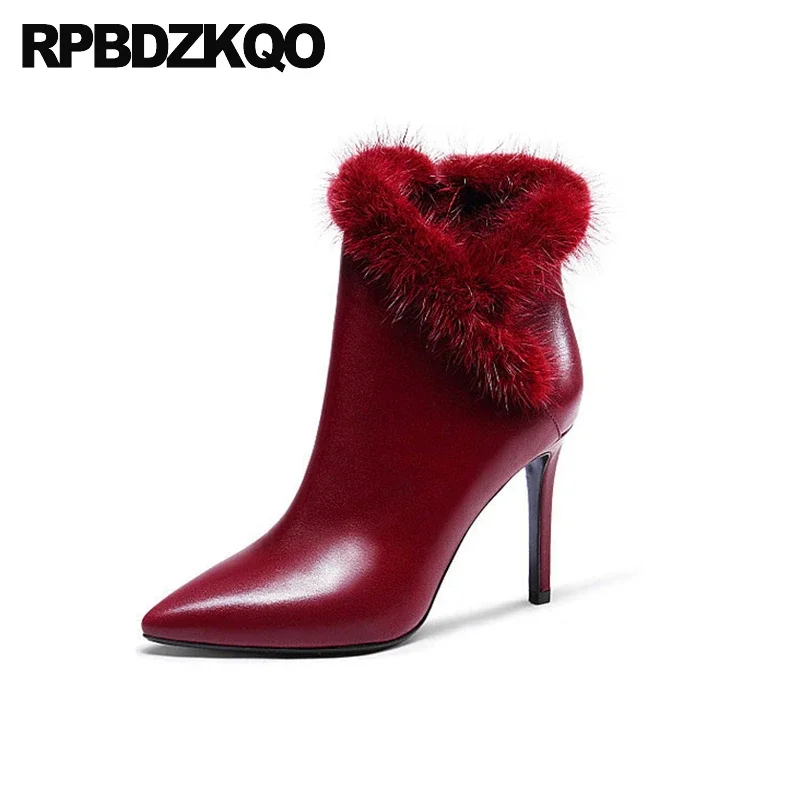 Small Size Women 42 33 Pointy Toe Burgundy Pumps Ankle Shoes Large Fur High Heels Thin Zip Up Mink Boots Booties Genuine Leather