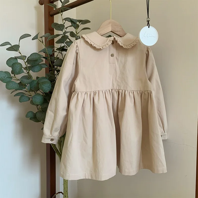 Girls Casual Dresses Autumn Childrens Clothing Doll Collar Cotton Solid Color Lovely Long Sleeves Baby Princess 2024