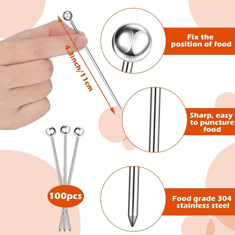 100 Pcs Stainless Steel Cocktail Picks Reusable Cleanable Cocktail Toothpicks Metal Skewers Cocktail Sticks for Drinks 4.3 Inch