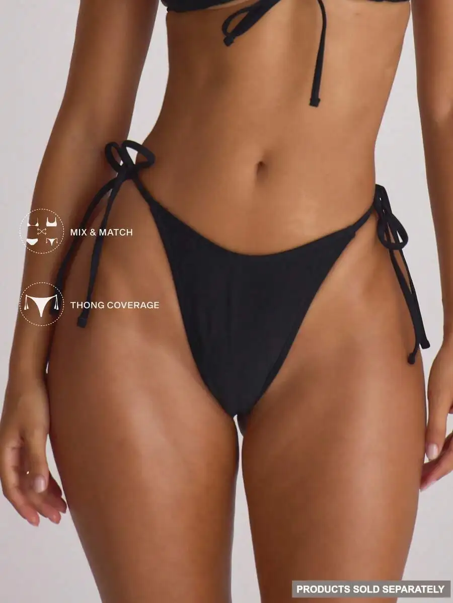 

Tie Side Scooped Front Thong Bikini Bottoms Solid Color Beach Swimwear