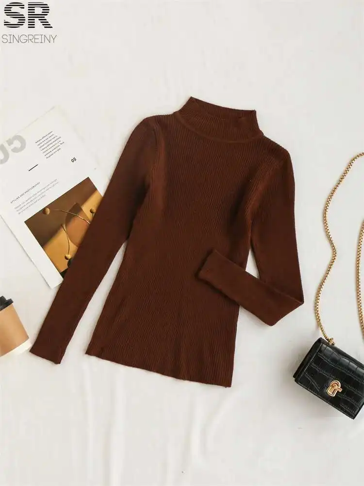 

BabYoung Basics Slim Knitted Sweater Autumn Winter Half High Collar Long Sleeve Jumper Women Solid Casual Warm Pullovers