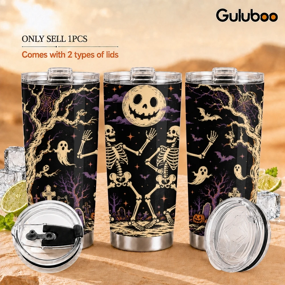 Pumpkin Skull Design Vacuum Flasks 20oz Stainless Steel Travel Mug with 2 Lids & Reusable Straw Vacuum Insulated Coffee Cup