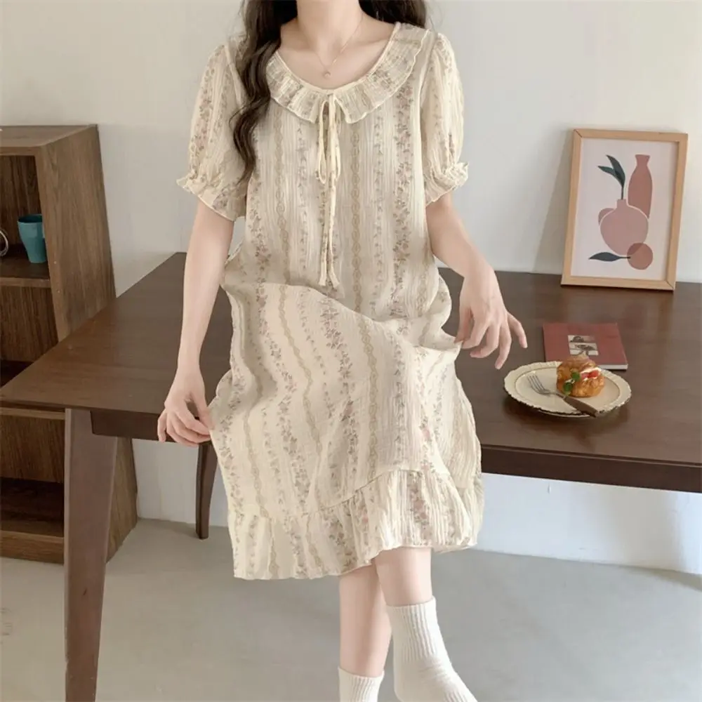 

Женское пижамное платье с кукольным воротником на шнуровке, домашняя одежда в полоску, ночная рубашка с короткими рукавами, свободная одежда для сна, милые женские ночные рубашки