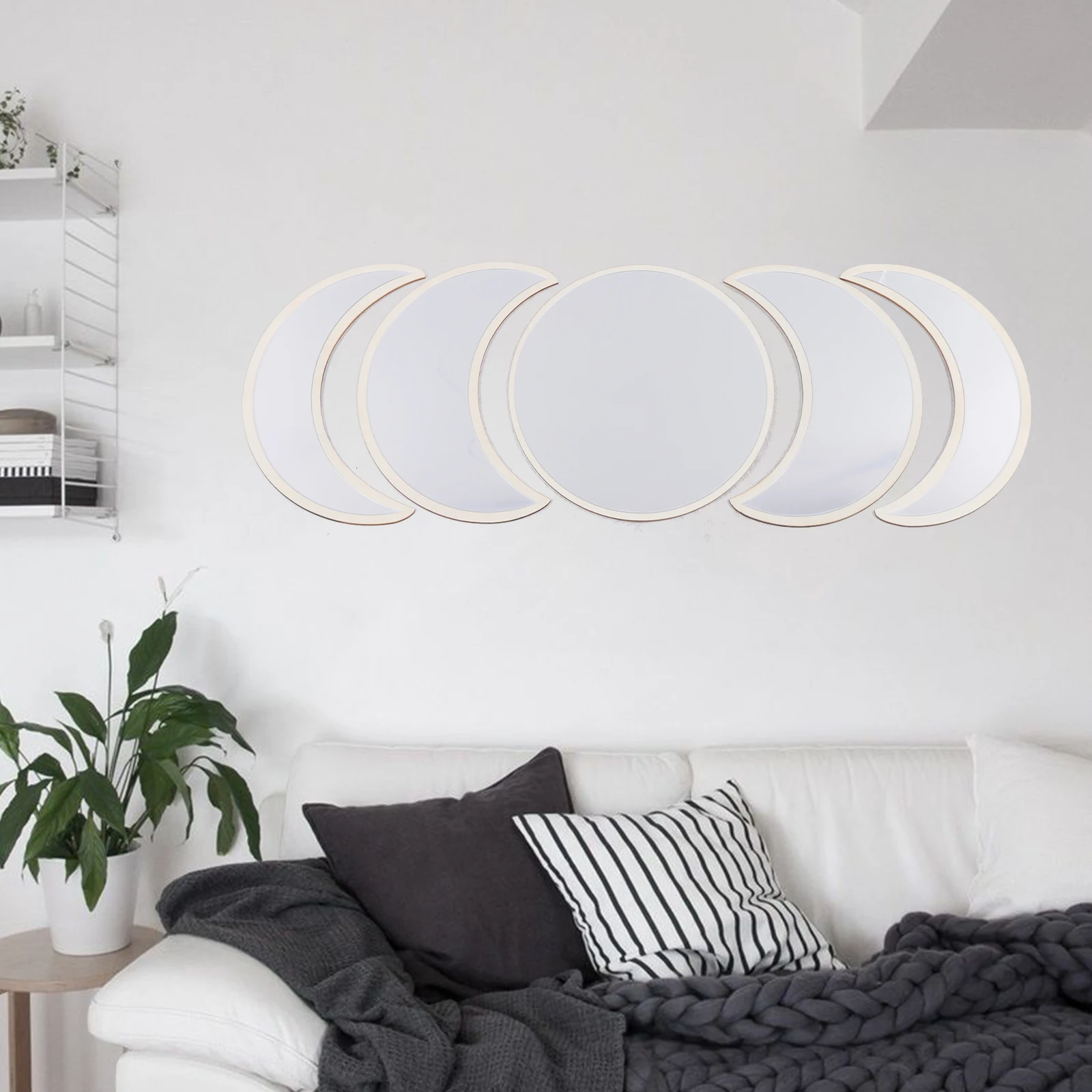 

5 Piece White Moon Phase Mirror Wall Decor Mirrors Set Nordic Style Wooden Wall Mounted