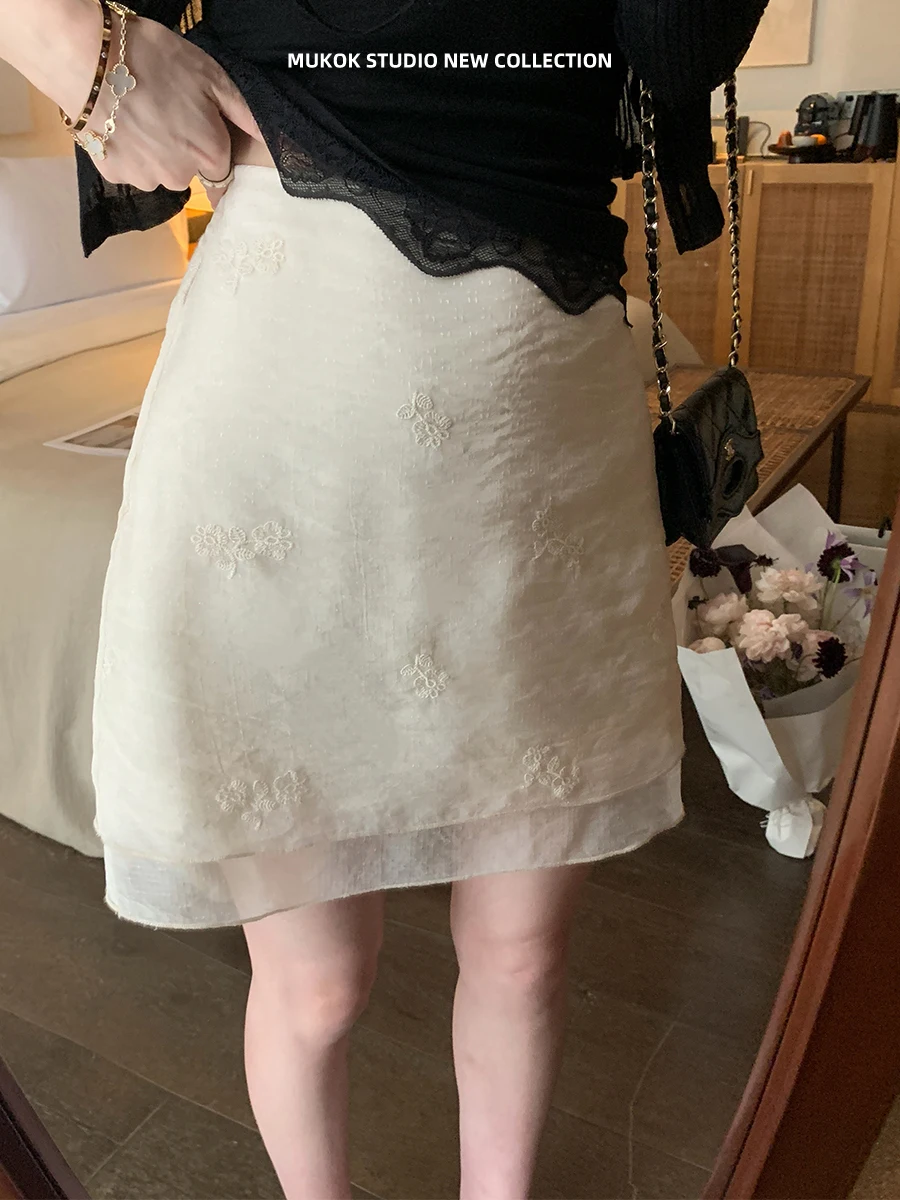 MUKOK Double Layer Embroidered Wrap around  Skirt Women's High Waist Straight Cut A-Line Midi Skirt Summer New Arrival