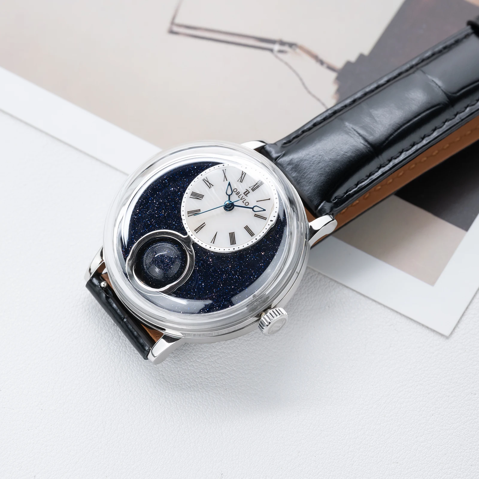OBLVLO Mens 316L Stainless Steel Mechanical Automatic Watch Hollow Starry Sky 24-Hour Display Leather Strap Classic Wristwatch
