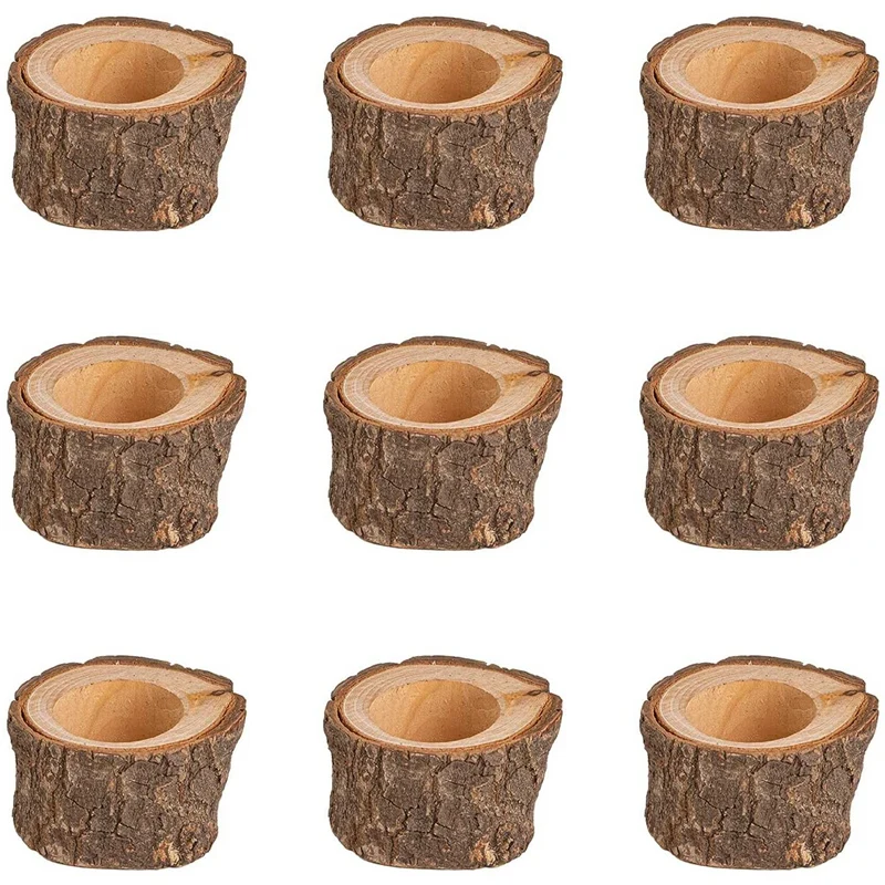 9 Pack Wood Tealight Candle Holders, Votive Tea Light Holder M Size Inner Bore Rustic Wedding Decorations