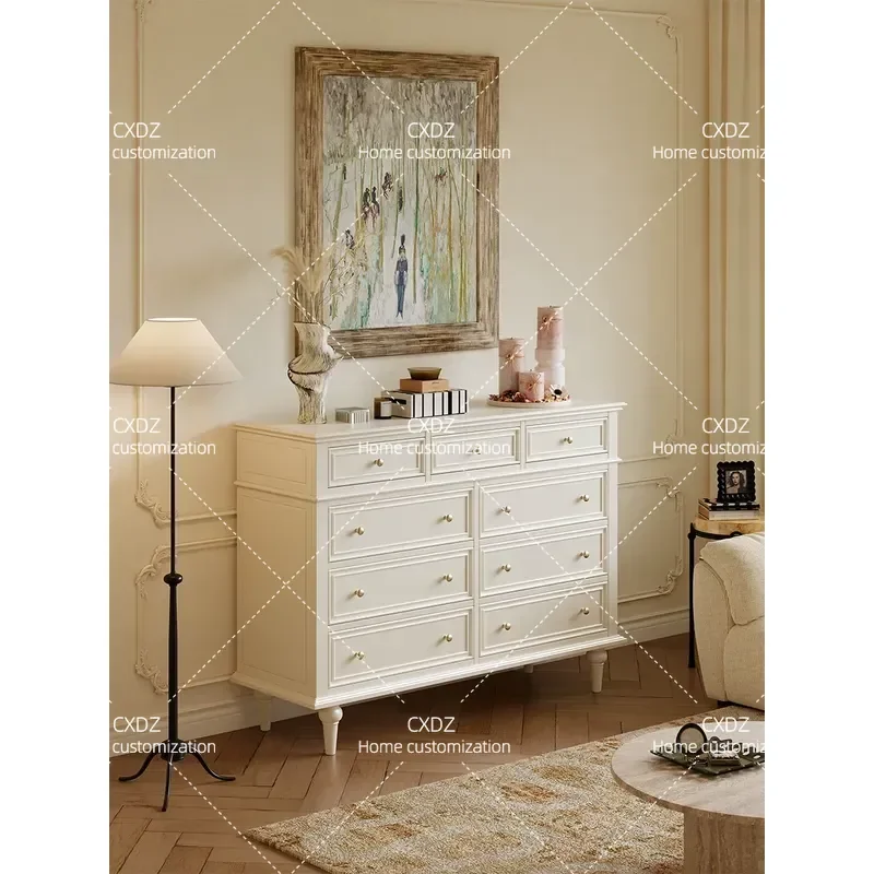 French Style White Flocculent Nine Drawer Cabinet Luxury Bedroom Bedside Table Living Room Dining Side Storage Locker Wall