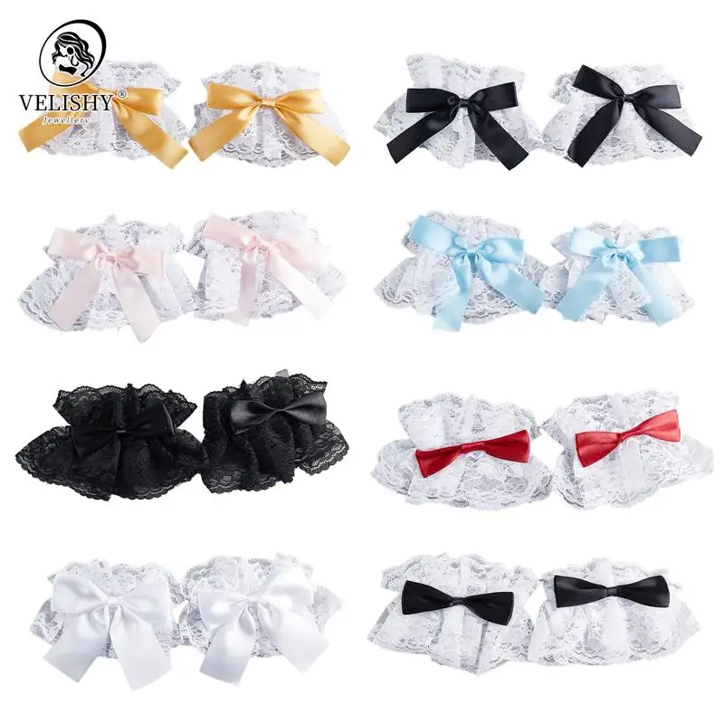 Women Lolita Hand Sleeve Wrist Cuffs Ruffled Lace Bowknot Maid Cosplay Bracelet