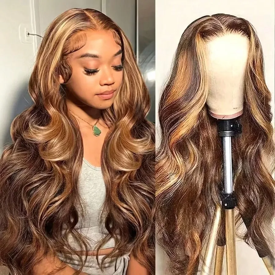 28 بوصة أومبير العسل شقراء 13x4 تسليط الضوء على الجسم موجة الدانتيل شعر مستعار أمامي شعر الإنسان قبل قطعها مع شعر الطفل 4/27 200% الكثافة اللون