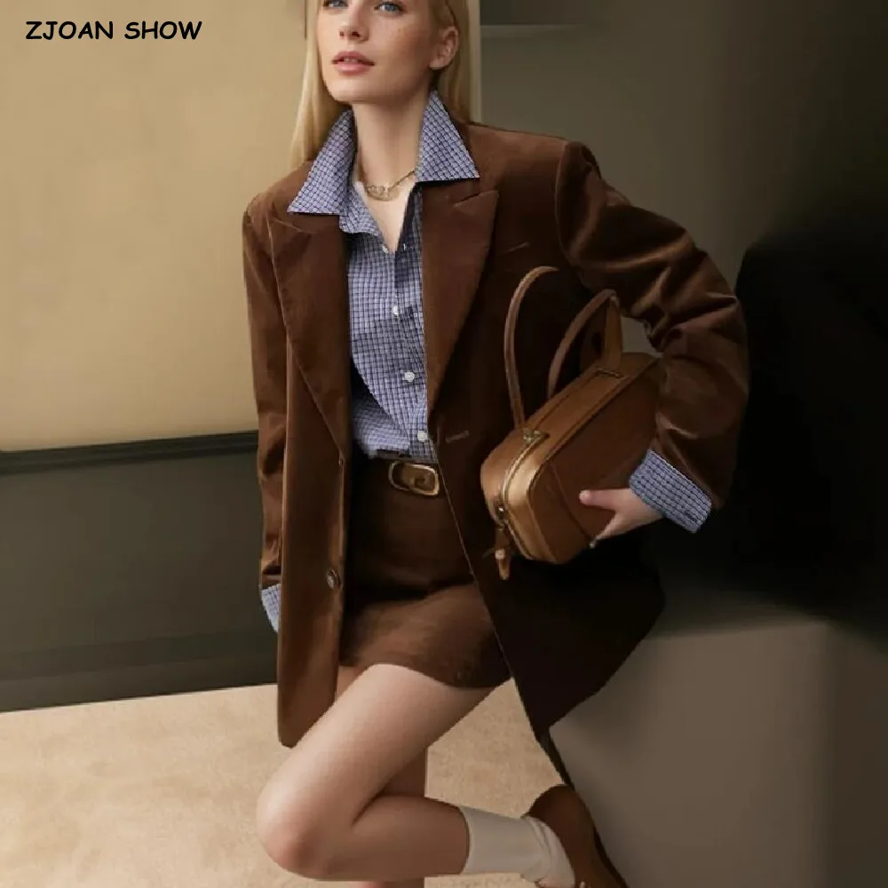 2024 Maillard Style Coffee Notched Corduroy Blazer High Waist Front Slit Package Hips Skirt Suits 2 Pieces 1 Set