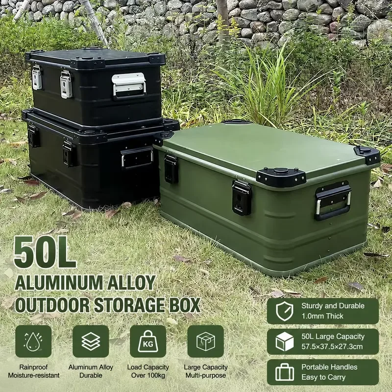 50L Aluminum Alloy Outdoor Storage Box Waterproof Camping Travel Car Trunk Organizer with Rain Cover Durable Five Layer