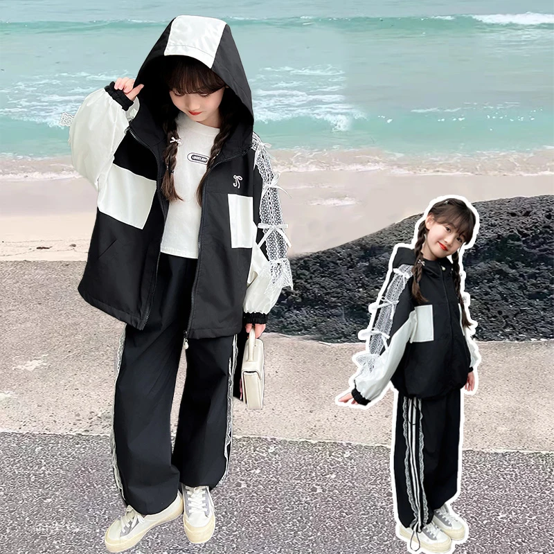 Spring Autumn Kids Girl Sports Shell Clothing Set with Bows Children Casual Windproof Jacket And Pants 2 Pieces Clothes Suit