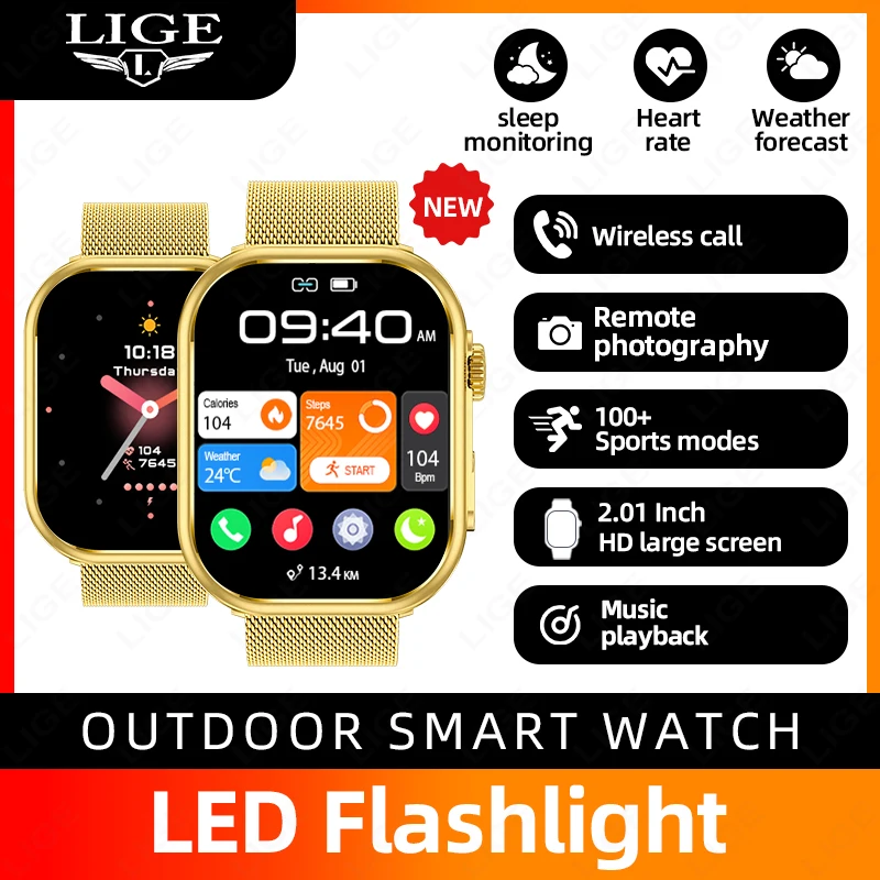 

LIGE Smart Watch Men Women Flashlight 2.01” HD Display AI Voice Bluetooth Call Sports Watches Health Monitor Smartwatch Men New