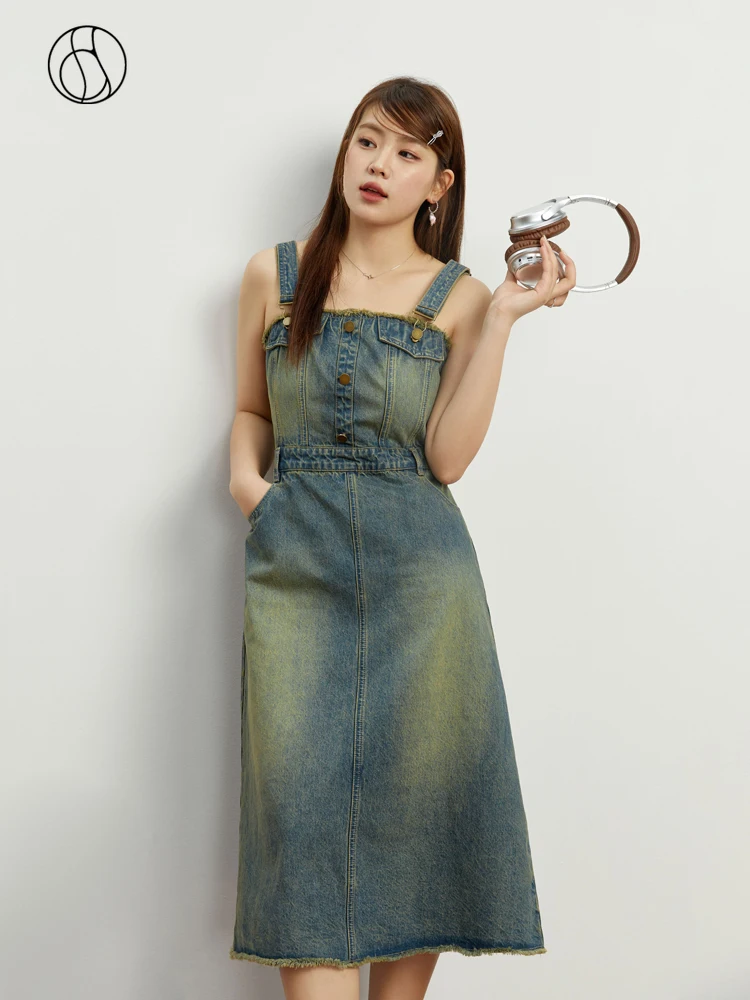 

DUSHU Retro Denim Blue Women Denim Strap Dresses Raw Hem Design A-line Long Ladies Suspender Dress Tie Dye Mid-Calf Skirts