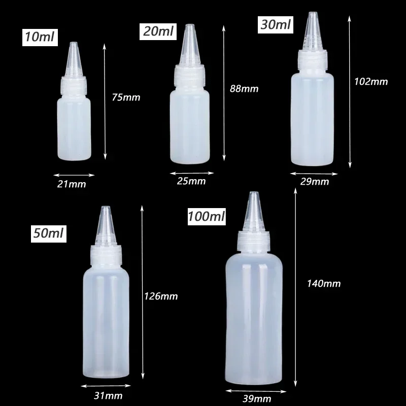 5Pcs 10ml-100ml PE Plastic Glue Bottle Empty Squeeze Dropper Bottles With Screw-On Lids Liquid Sauces Pigment Ink Oil Containers