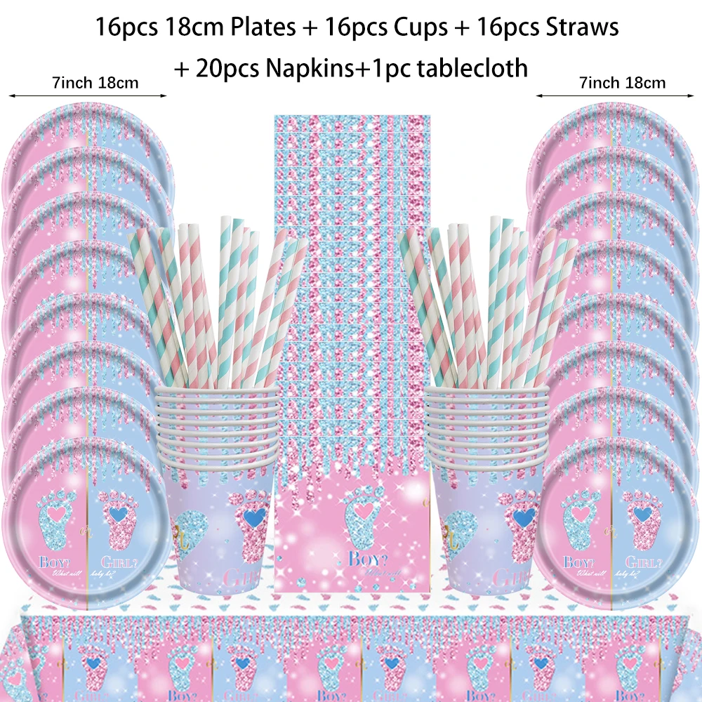 Geschlecht offenbaren Party Einweggeschirr Junge oder Mädchen Pappteller Tassen Servietten Babyparty Rosa Blau Baby Party Tischdekoration – Detail 1