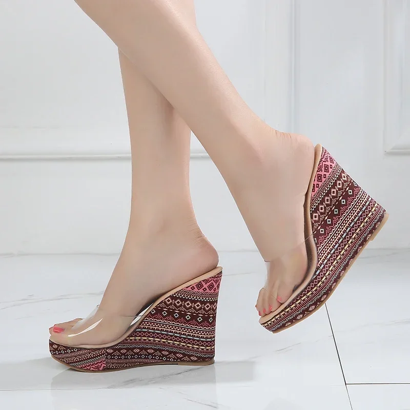 Size 34-42 Summer New Ethnic Wind Wedges High Heel Women's Shoes Transparent Colorful Sandals Flatform Slip On Sandals